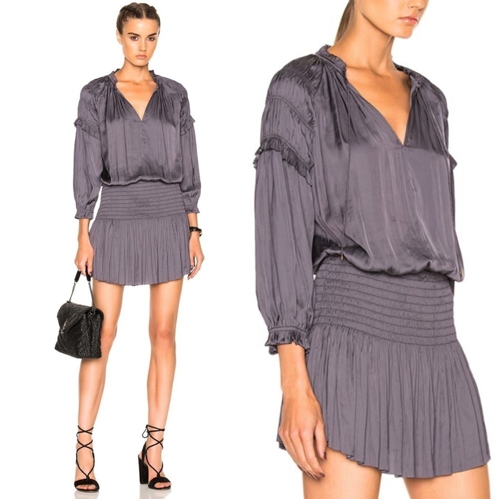 Women's Slate Gray V-Neck Long Sleeve Pleated Mini Dress